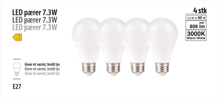 LED-pære standard 7,3 W E27 4-pk.